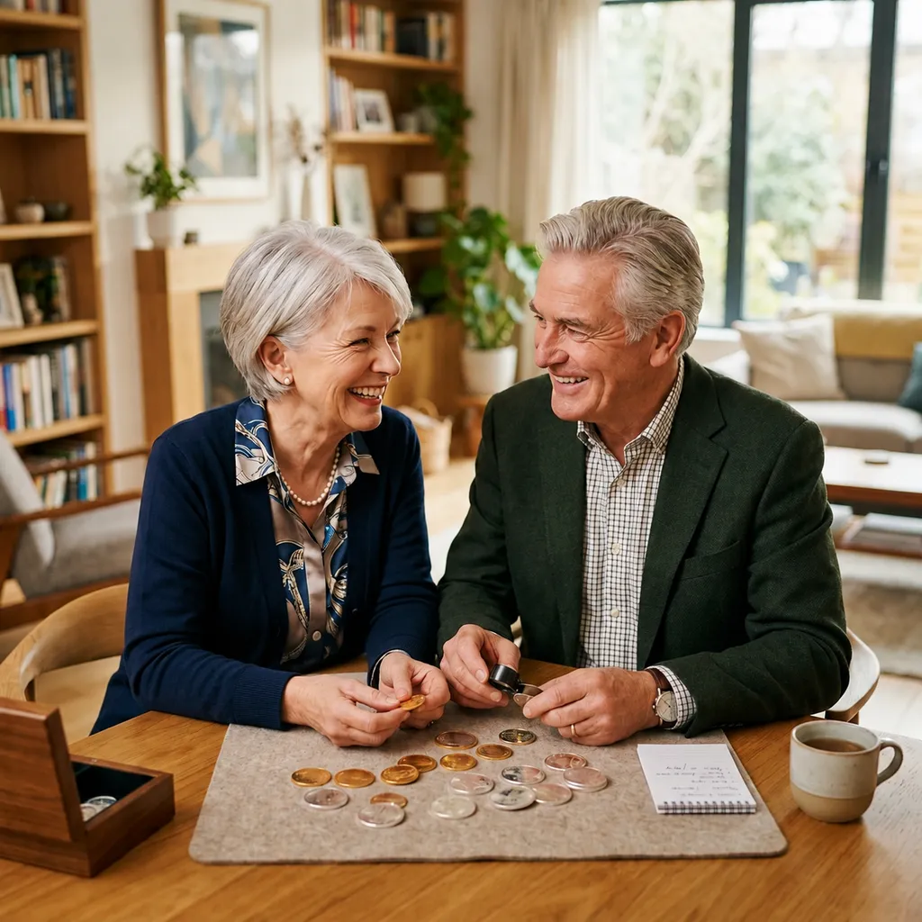 Senior couple holding gold and silver coins