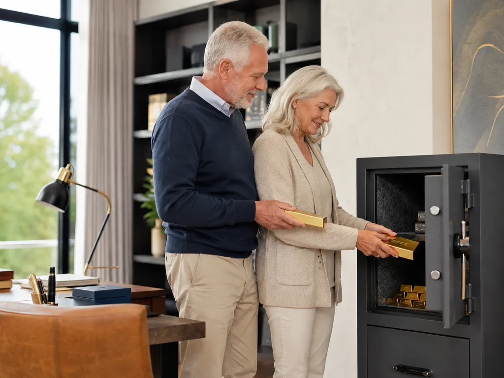 Couple securing gold bars in safe